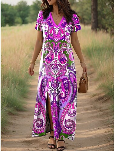  Damen Maxikleid Sommerkleid A Linie Kleid Urlaub Lässig Täglich Normale Passform Blumen Paisley-Muster Kurzarm V Ausschnitt Rosa Blau Orange Sommer