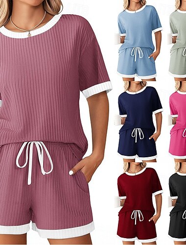  Жен. Размер ЕС / США Домашняя одежда Мода На каждый день Пэчворк Pullover Шорты Дом Повседневные С короткими рукавами Вырез под горло Черный Светло-зеленый Винный Красный Пурпурный Лето Весна Осень