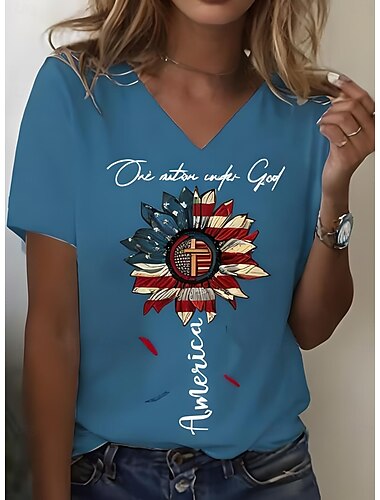  Unabhängigkeitstag Frauen Patriotisch Fourth of July T-Shirt Grafische Amerikanische Flagge Vintage Stylisch Klassisch Kurzärmlig V-Ausschnitt Reguläre Tops Täglicher Wochenende Druck Schwarz Weiß