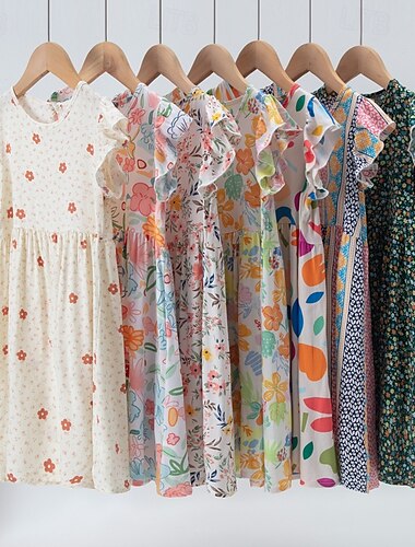  Kinderen Voor meisjes Jurk Bloem Korte mouw Buiten Met ruches Aanbiddelijk Basic Katoen Tot de knie Casual jurk Bloemetjesjurk Zomer 4 jaar + Licht Roze Blozend Roze blauw