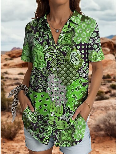  Femmes Chemise Graphique Géométrique Paisley ancien Quotidien Élégant Sans manches Manche Courte Col de chemise Hauts Réguliers Quotidien Patchwork Boutons Imprimé Rouge Bleu Violet Orange Vert Ét