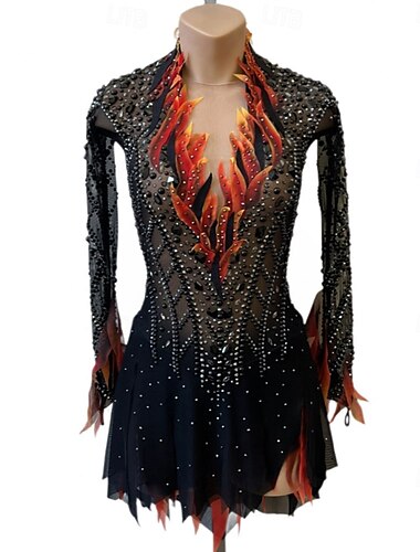  Eiskunstlaufkleid Damen Mädchen Eislaufen Kleid Schwarz Rrot Patchwork Offener Rücken Netzstoff Hohe Elastizität Training Wettbewerb Eiskunstlaufkleidung Klassisch Kristall / Strass Langarm Eislaufen