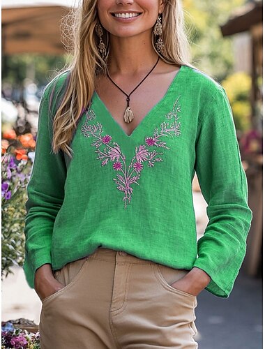  Mujer Blusa Floral Graphic Plantas Elegante Casual Manga Larga Manga 3/4 Escote en Pico Tops regulares Diario Estampado Azul Piscina Morado Verde Trébol Verano Primavera