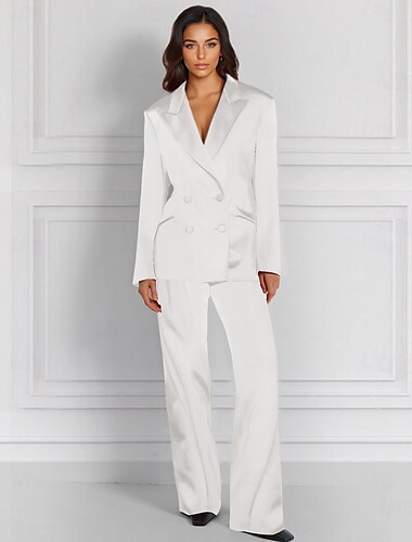  zweiteiliger Overall / Hosenanzug Hosenanzug Mutter der Braut Hosenanzug Zweireihiger Blazer Eleganter Vintage Einfacher V-Ausschnitt Revers Bodenlang Stretch Satin Lange Ärmel mit bezogenen Knöpfen