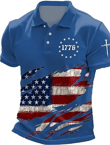  Amerikanischer Unabhängigkeitstag Herren Amerikanische US-Flagge Polo Kurzarm Polo-Shirts Hemden mit Kragen Lässig Outdoor Alltagskleidung 3D-Druck Sommer Schwarz Weiß Blau