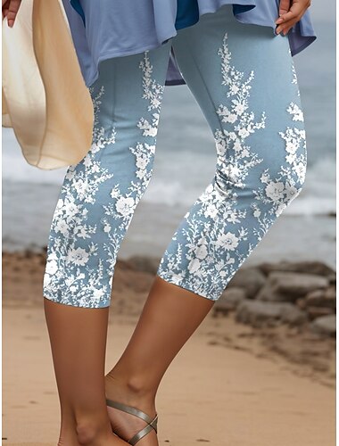  Leggings de femme Pantalons Capri Impression 3D Haute Élastique Vacances Mode Vintage Longueur Mollet Taille Haute Impression Florale Graphique Respirant Doux Élastique Formelle Vacances Bureau Bleu