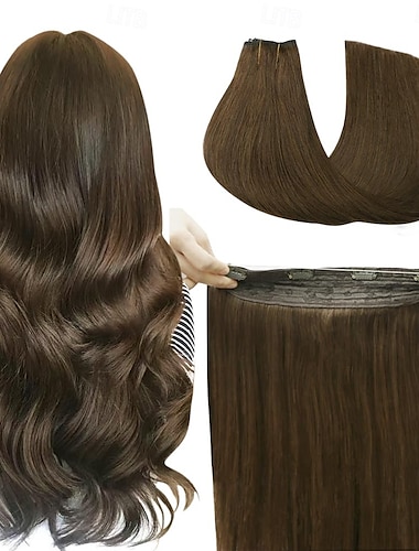  Extensions de cheveux humains invisibles, 20 pouces - 50 g, 22 pouces - 80 g, 4 #, fil de poisson transparent marron, extensions de cheveux humains à clips pour femmes