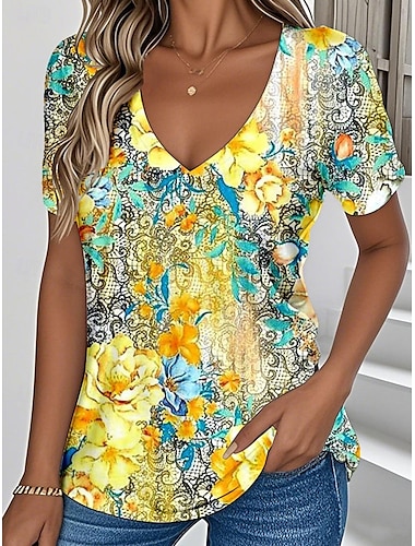  Dames T-shirt Bloemig Grafisch Planten Vintage Stijlvol Klassiek Korte mouw V-hals Normale tops Dagelijks Afdrukken Geel Blozend Roze Groen Zomer Lente