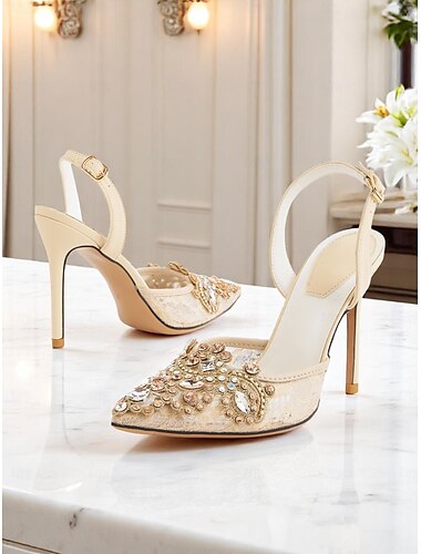  Γυναικείες κρεμ σατέν γόβες slingback με κρυστάλλινες λεπτομέρειες - λαμπερά ψηλοτάκουνα για κοκτέιλ πάρτι και ειδικές εκδηλώσεις