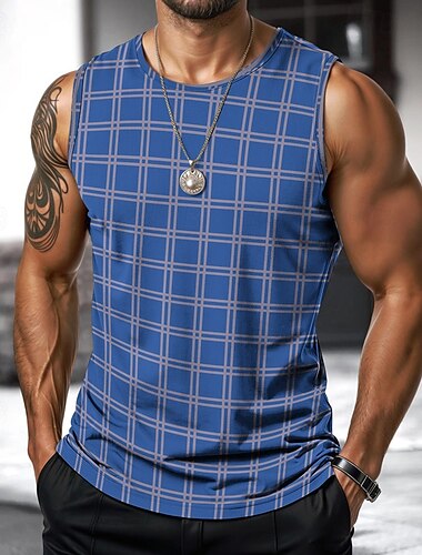  Men's Vest Top Undershirt Sleeveless Shirt Sleeveless Crewneck Spring & Summer Plaid / Striped / Chevron / Round Fashion Designer Vacation Street Going out Sillver Gray Black+beige Black+red+blue Top