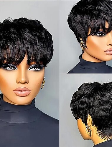  باروكة شعر صناعي قصيرة بقصّة بيكسي، باروكة شعر صناعي قصيرة بقصّة بيكسي، باروكة شعر صناعي قصيرة بقصّة بيكسي للنساء ذوات البشرة السمراء، باروكة شعر قصير مستقيم بدون غراء، لون أسود