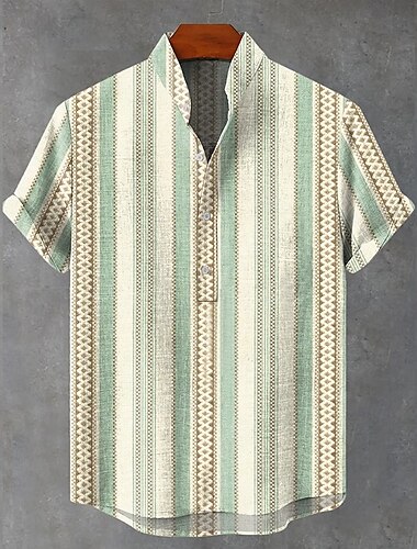  Férfi Vászon ing Popover ing Henley ing retro ingek Vintage ing Etnikai póló Csík Vakáció Hétköznapi Lóhere Rövid ujjú Mandarin gallér Nyár Tavasz Ruházat