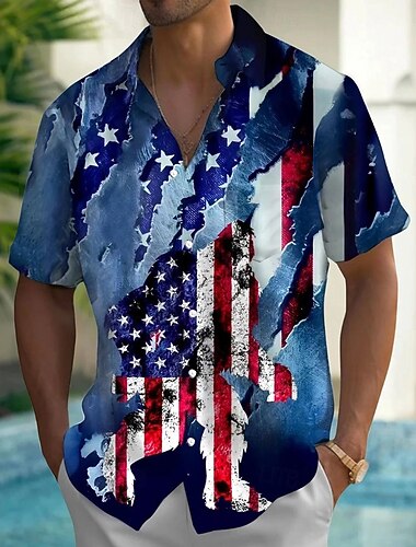  Dia da Independência Homens American US Flag Patriótico Quatro de julho Camisa Social camisa de verão camisa de botão Manga Curta Moda Casual Feriado Verão Primavera Aberto para a Lateral Impressão