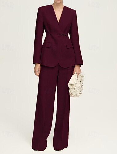  Kragenloser Blazer Zweiteiliger Hosenanzug Hosenanzug Leinen Mischgewebe der Brautmutter Hosenanzug eleganter einfacher minimalistischer V-Ausschnitt bodenlang lange Ärmel mit einfarbig 2025