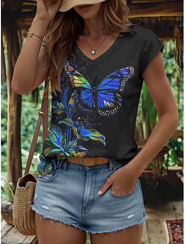  Damen-Tanktop mit Tieren, Blumenmuster, Grafik, Schmetterling, Vintage, tropisch, stilvoll, ärmellos, kurzärmlig, V-Ausschnitt, normale Oberteile, Alltagsdruck, Gelb, Rot, Blau, Lila, Grün, Sommer,