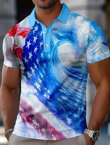  Jour de l'Indépendance Américaine Homme Drapeau Américain Polo Manche Courte Polos Chemises à Col Occasionnel Tenue de fête Boutons Été Bleu