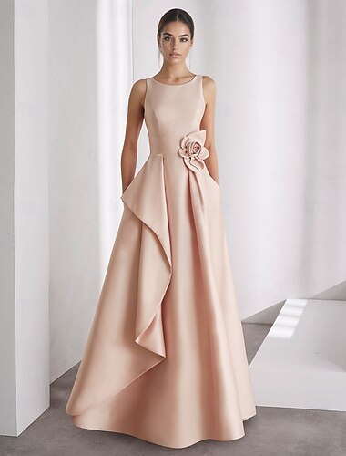  A-Linie Abendkleid Elegant Kleid Formell Hochzeit Bodenlang Ärmellos Schulterfrei Tasche Satin mit Rüschen 2025