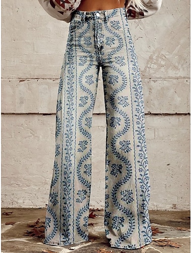  Femmes Jeans Chinos Vacances ancien Style Ethnique Longueur complète Taille haute Fleuri Graphique Bloc de Couleur Impression Confortable Doux Micro-Élastique Extérieur Vacances Rue Bleu Roi Bleu