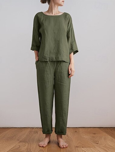  Damen Aktiv Basic Baumwoll-Leinen-Hemden Bluse Hosen-Sets Langarm Rundhalsausschnitt Einfarbig Outdoor Ausgehen Rosa Armeegrün Beige Sommer Normale Passform