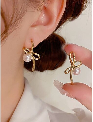  Elegantes pendientes de perla con lazo para mujer: delicados pendientes chapados en oro o plata para citas románticas, bodas y uso diario.