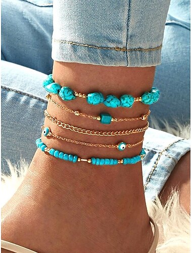  Conjunto de tobilleras turquesa y doradas para mujer | Tobilleras de inspiración playera con dijes de mal de ojo y detalles de piedras | Perfectas para estilo veraniego, bohemio y vacacional