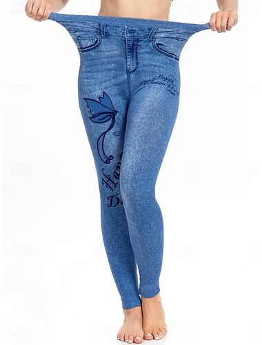  Damen Leggings Hosen 3D Druck Chinos Urlaub Streetwear Lässig Voll Längen Hohe Taille Schmetterlingsblumen Drucken Bequem Weich Komfortabel Dehnbar Outdoor Straße Blau Dunkelblau Sommer Skinny