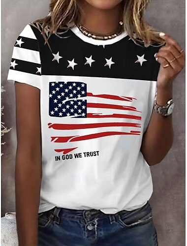  T-shirt patriotique pour femme graphique drapeau vintage élégant classique à manches courtes col rond hauts réguliers quotidien week-end imprimé noir rouge bleu été
