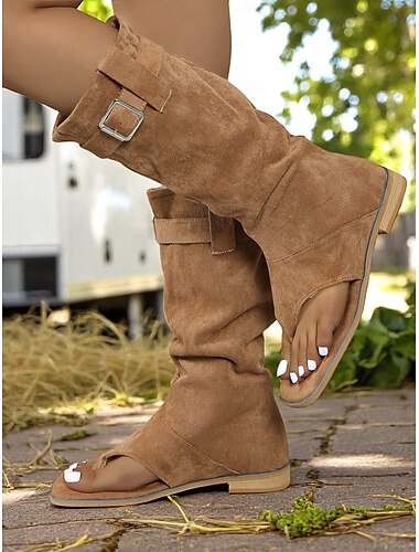  Damenstiefel im Gladiator-Stil aus braunem Wildleder mit Zehenring – flache Sohle, verstellbare Schnalle, Boho-Stil für Sommer-Roadtrips