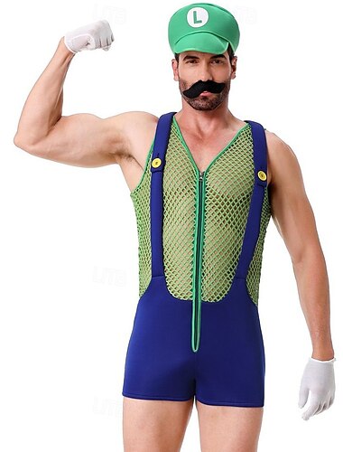  Luigi Super Bros Sexy Kostüm Einteiler Netz Drag und Glamour Herren Erwachsene Nachtclub Pride Parade Pride-Monat Halloween Karneval Einfaches Karnevalskostüm