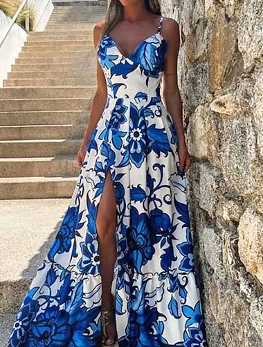  Per donna Abito Lungo Maxi Abito Abito da Ballo Vestito da Festa Elegante Moda Festa serale Feste Occasione speciale Vestibilità regolare Fiore Senza Maniche Spalline sottili Blu Estate