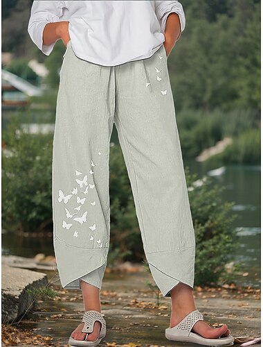  Damen Hose aus Baumwollleinen Alltagstauglich Volle Länge Hohe Taille Kordelzug Drucken Lässig Ferien Graues Grün Rubinrot Schwarz Sommer Frühling Lässiger Schnitt