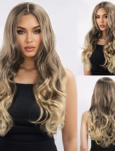  Perucas sintéticas Ondulado Corte em Camadas Com Franjas Fabrico à Máquina Peruca 28 polegadas A1 Cabelo Sintético Mulheres Clássico Confortável Cores Gradiente Loiro