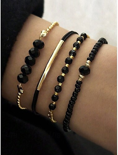  Conjunto de pulsera bohemia de cuentas negras para mujer, adorno dorado, ajustable, joyería de moda y tendencia, adecuada para uso diario, viajes y fiestas.