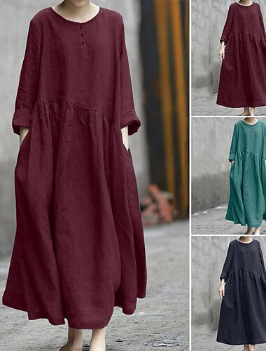  Femmes Robe Midi Robe en coton et lin Classique Moderne Extérieur Vacances Fête Coupe régulière Uni manche longue Col ras du cou Noir Rouge Vert Été