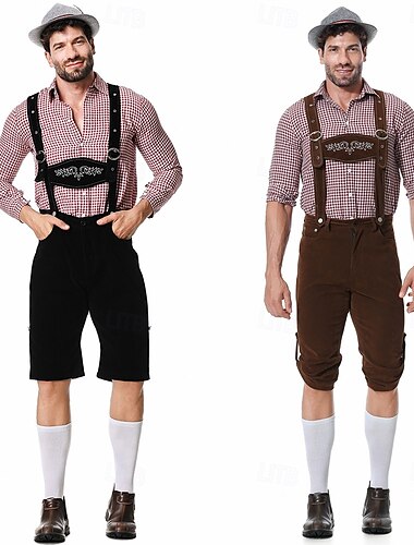  Oktoberfest Costume Lederhosen Chemise Chapeau alpin Bavarois Munich Prairies Homme Carnaval Fête de la Bière Tissu de style traditionnel