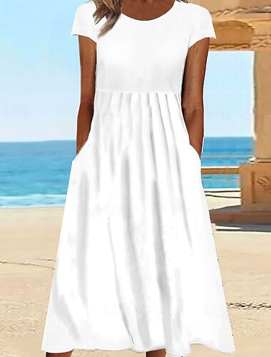  Femmes Robe Midi Robe Décontractée Mode Classique Extérieur Fête Week-end Coupe régulière Uni Manche Courte Col ras du cou Blanche Gris Clair Gris foncé Été
