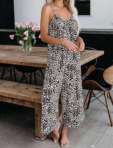  Damen Normal Overall Streetwear Leopard Ärmellos V Ausschnitt Tasche Druck Straße Täglich Normale Passform Rote Khaki Sommer