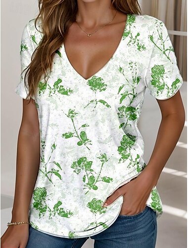  Dames T-shirt Bloemig Grafisch Planten Vintage Stijlvol Klassiek Korte mouw V-hals Normale tops Dagelijks Afdrukken Rood blauw Paars Groen Licht Blauw Zomer Lente