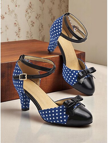  Marineblaue Pumps mit Knöchelriemen und Punkten im 50er-Jahre-Stil für Damen mit schwarzer Schleife und Retro-Mittelabsatz für Pin-up-Stil, Teepartys und besondere Anlässe