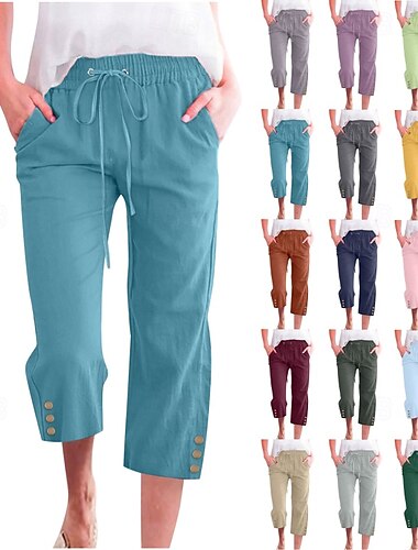  Mujer Pantalones de lino y algodón Pantalones Capri pantalones Moda Ropa de calle Medio corto Cintura Media Plano Bolsillo Diseño de cordón elástico Confortable Al Aire Libre Cómodo Calle Noche