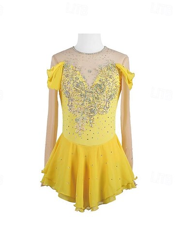  Kunstschaatsjurk Dames Voor meisjes Schaatsen Jurken Geel Lapwerk Duimopening Netstof Spandex Rekbaar Opleiding Oefenen Professioneel Kunstschaatskleding Thermisch Warm Kristal / Bergkristal Lange