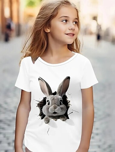  Mädchen 3D Kaninchen T-Shirt Kurzarm Sommer Frühling Mode Basic Kinder 4-12 Jahre Rundhalsausschnitt Outdoor Lässig Täglich Normale Passform