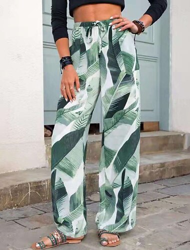  Damen Stoffhosen Hosen Hose Mode Boho Volle Länge Natürliche Taille Blatt Druck Elastisches Kordelzugdesign Bequem Außenbereich Outdoor Ferien Alltagstauglich Grau Rosa Purpur Grün Sommer Normale