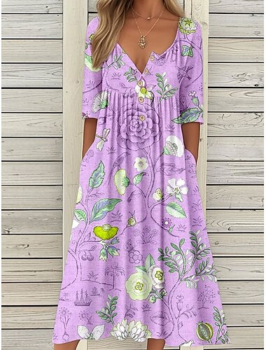  Damen Midikleid Sommerkleid Faltenkleid Urlaub Lässig Strand Ferien Normale Passform Blumen Grafik Kurzarm Rundhalsausschnitt Blau Purpur Orange Sommer