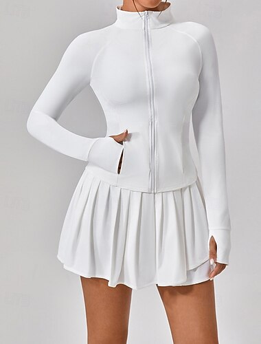  女性用 ソリッド テニスセット ショートパンツ付きテニススカート テニススポーツジャケット 長袖 ジッパー ポケット 速乾性 高通気性 テニス ピクルスボール ランニング スタンドカラー トップス ブラック ホワイト ピンク スパンデックス テニスウェア