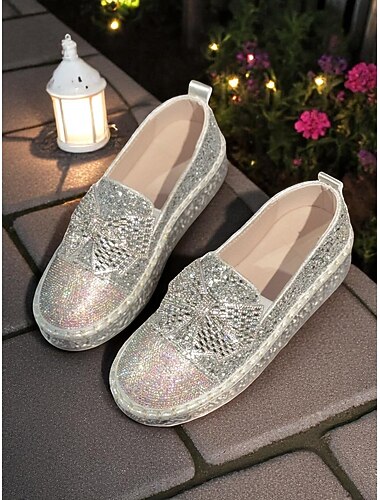  Damen-Slipper mit silbernem Glitzer-Plateau – mit Strasssteinen verziert, gepolsterte Sohle, partytauglicher Glanz für Abende, Festivals und Konzerte