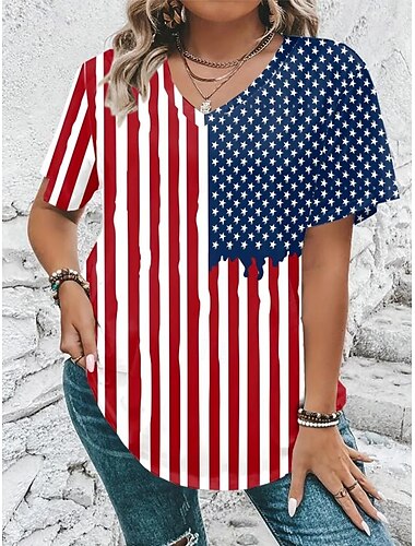  Unabhängigkeitstag Damen Patriotisches T-Shirt zum vierten Juli Grafisches amerikanisches Flaggen Vintage stilvolles klassisches Kurzarm V-Ausschnitt Reguläre Tops täglicher Wochenenddruck Rot Rot