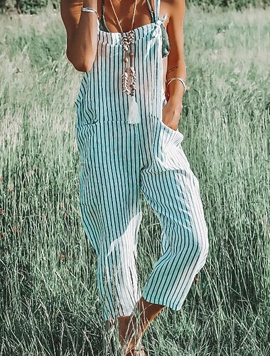  Damen Normal Overall Streetwear Gestreift Ärmellos U-Ausschnitt Tasche Ferien Ausgehen Normale Passform Weiß Grau Sommer