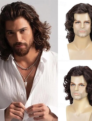  Parrucca da uomo castana, naturale, ondulata, riccia, con capelli lunghi, stile rocker anni '70 e '80, parrucche sintetiche per cosplay, accessorio per costume di Halloween