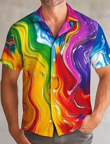 Hombre Arco iris Olas Orgullo Camisa Camisa casual Camisa Cubana Manga Corta Moda informal Festivos Verano Primavera Escote Chino Camisa con cuello de campamento Impresión 3D Arco Iris